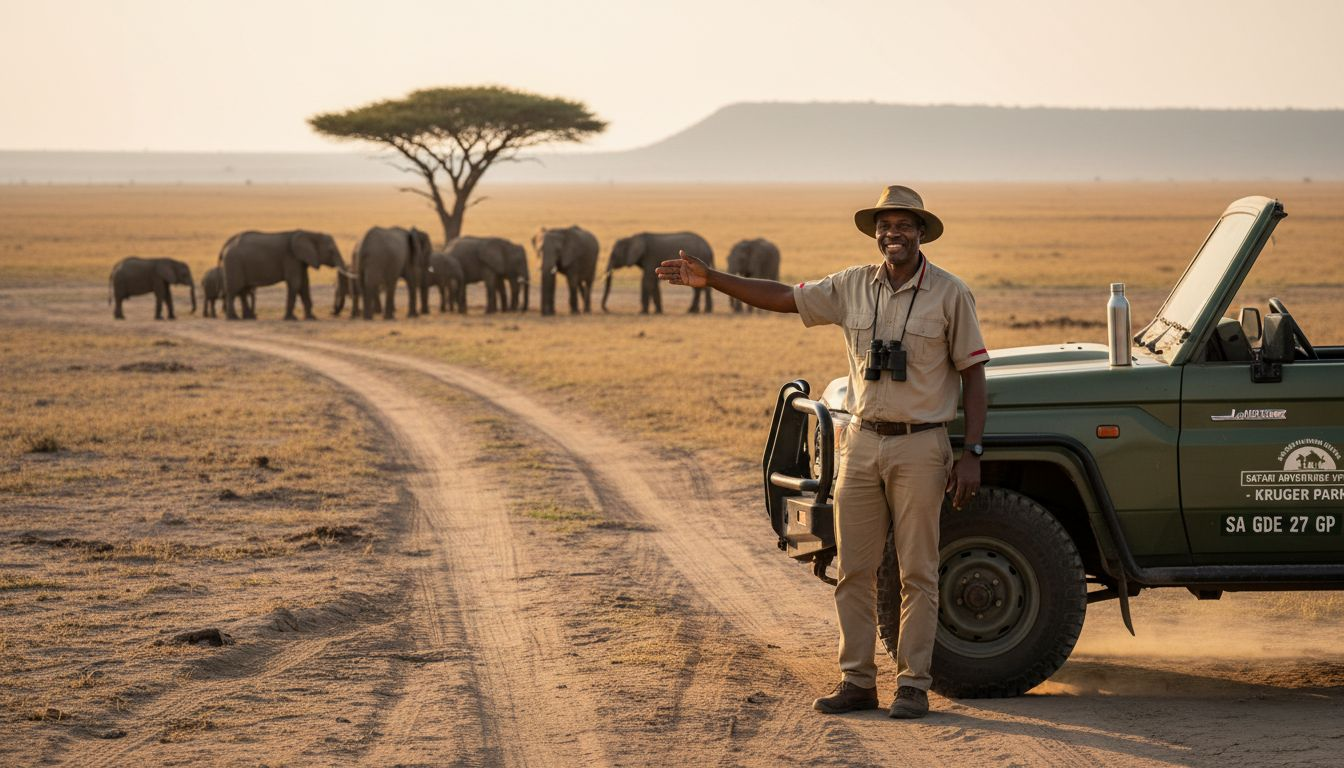 Safari guide and Land Cruiser in African savannah