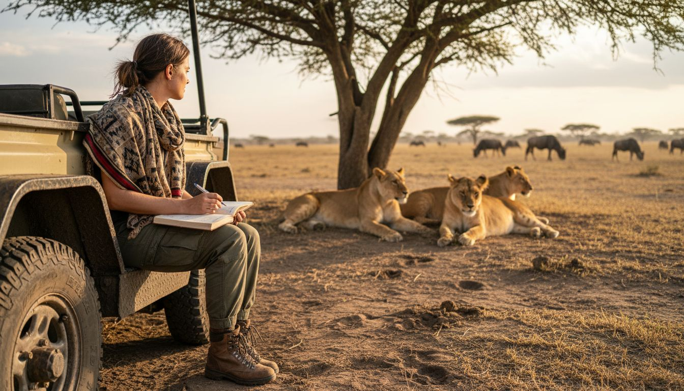 Traveler observing lions in African ecosystem