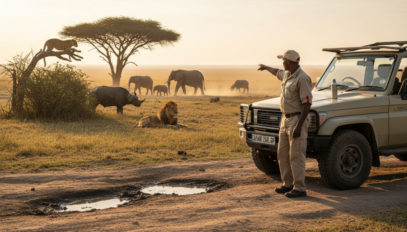 Guide showing African Big Five on dusty savanna