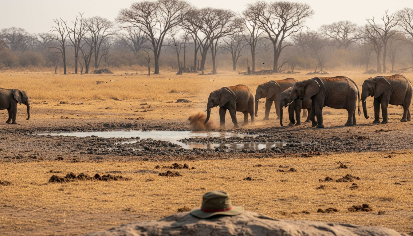 Elephants at waterhole during dry season