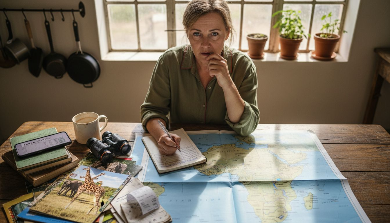 Woman planning safari budget at home
