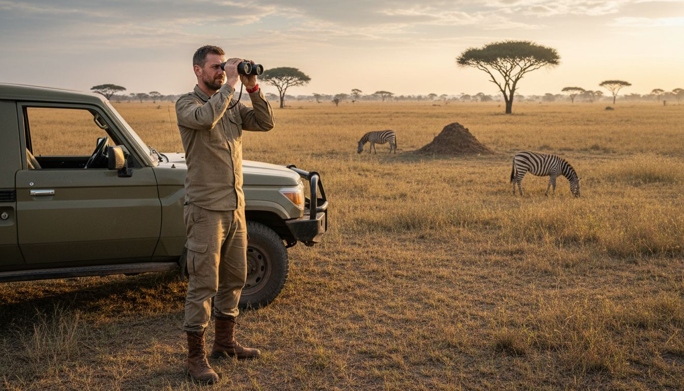Kenya safari guide watching wildlife at sunrise