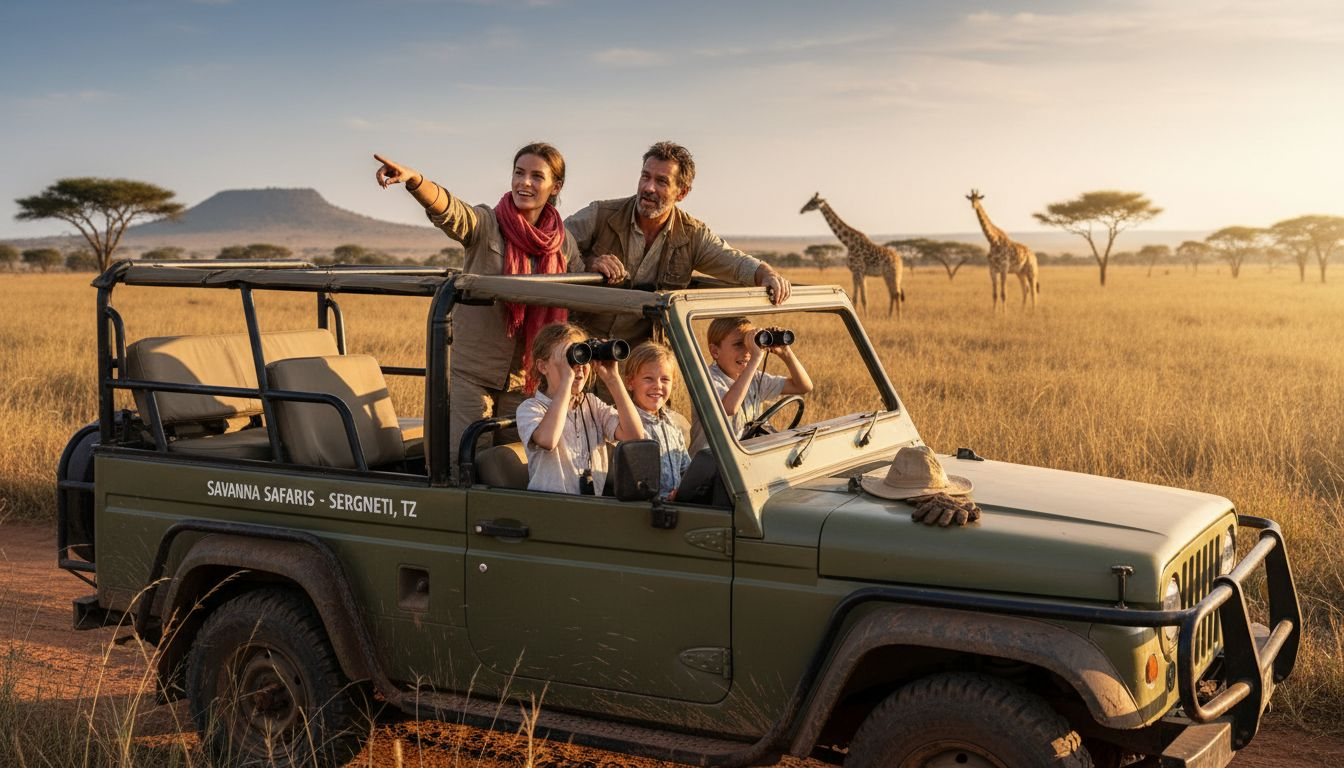 Family wildlife safari jeep viewing animals