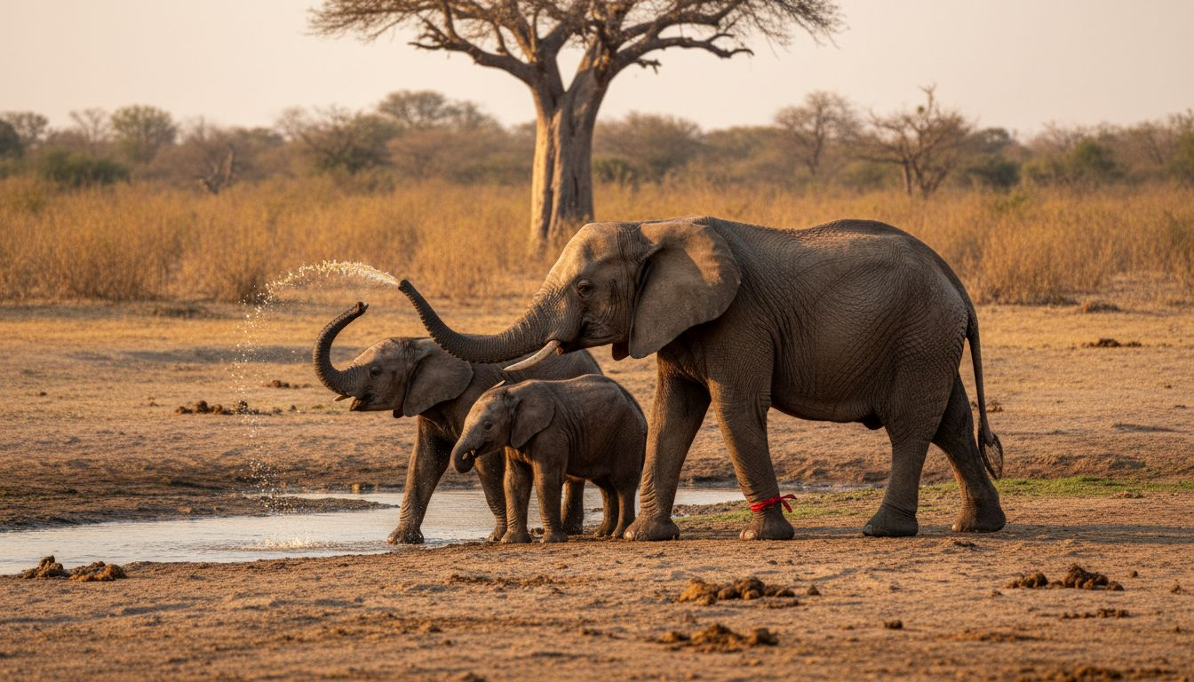 Elephant family moving along riverbank