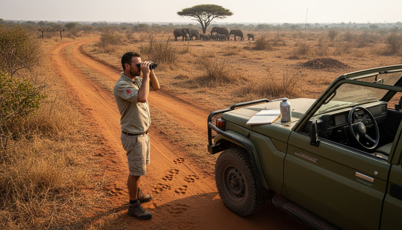 Safari guide observing elephants in morning