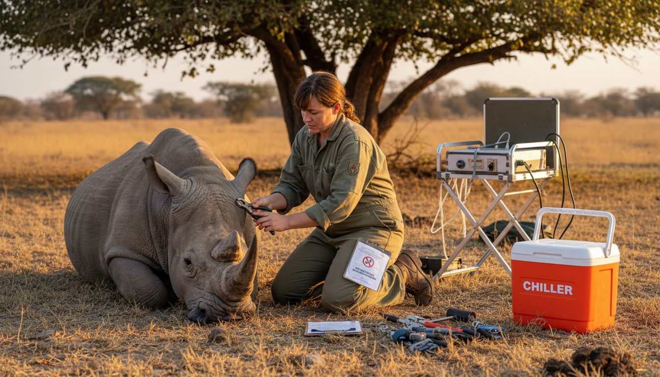 Conservationist tagging rhino at sunset