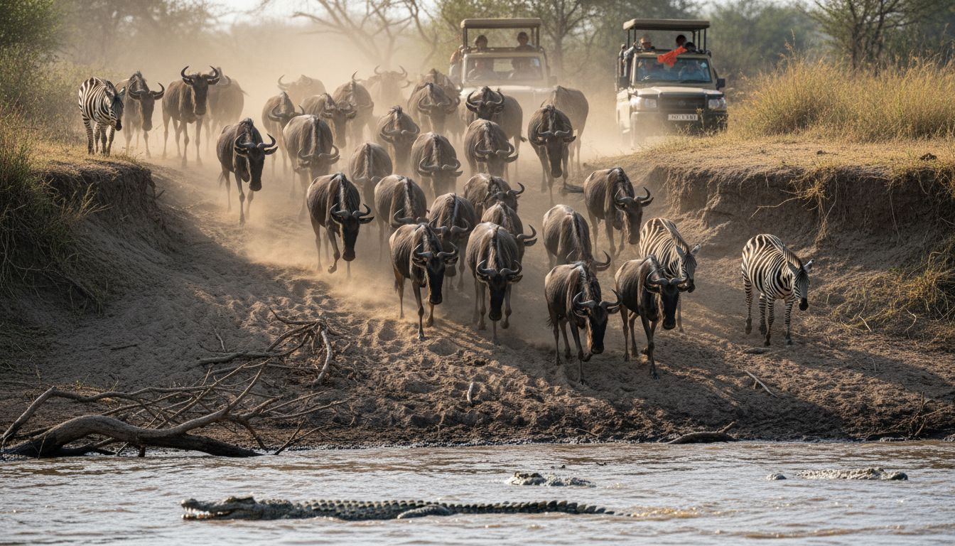 Wildebeest descend riverbank during Great Migration