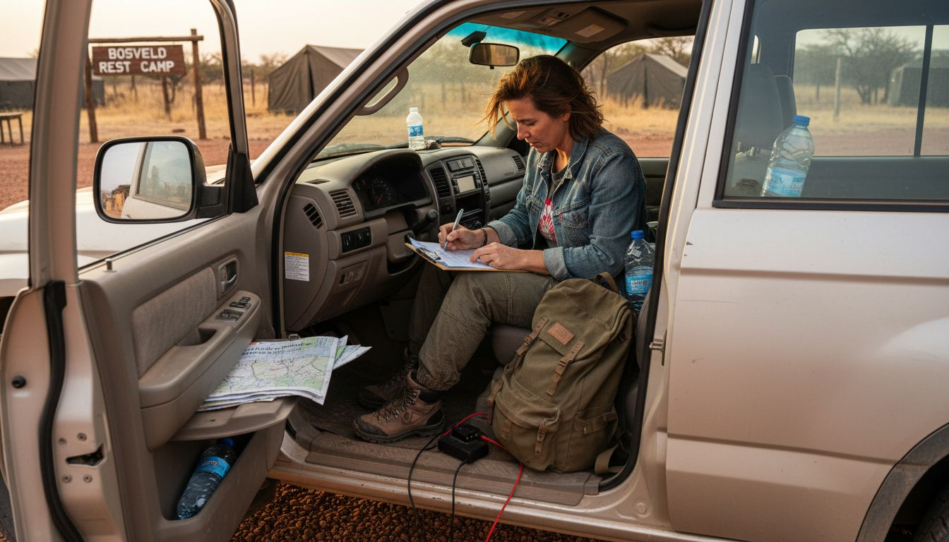 Traveler preparing vehicle and gear for safari