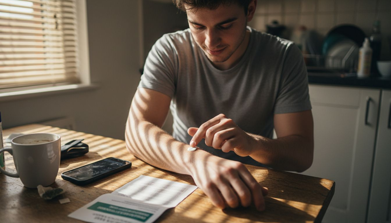 Man patch testing skincare at home table