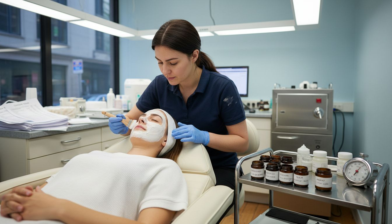 Clinician applies facial mask in treatment room