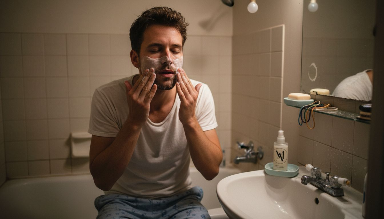 Man gently cleanses face in bathroom