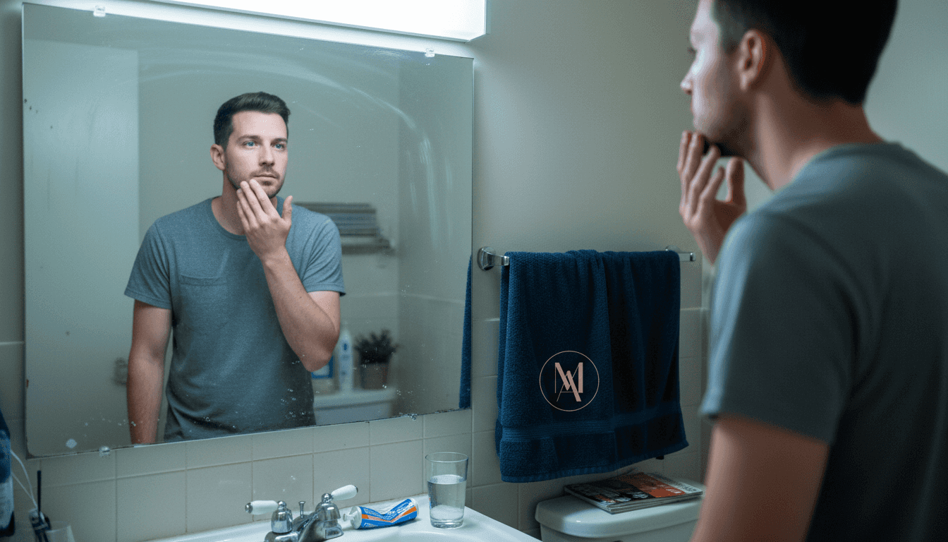 Man performing skin type check at home