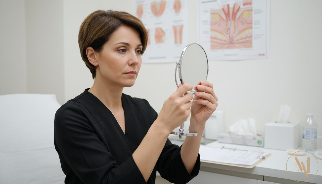 Woman examining face in dermatologist clinic
