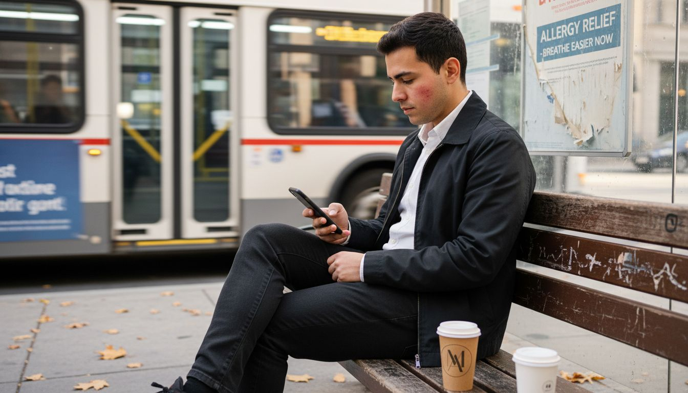 Urban commuter with irritated skin outdoors