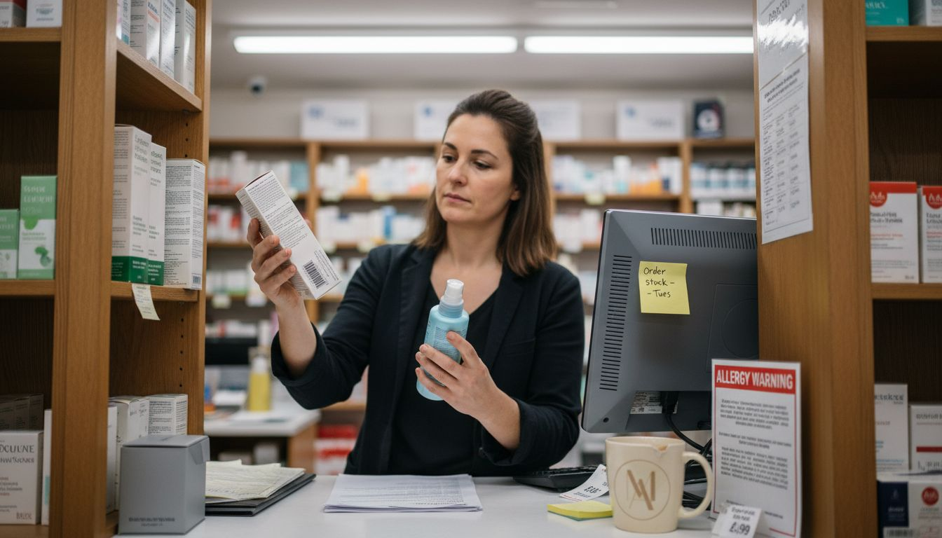 Pharmacist comparing prescription and retail skincare options