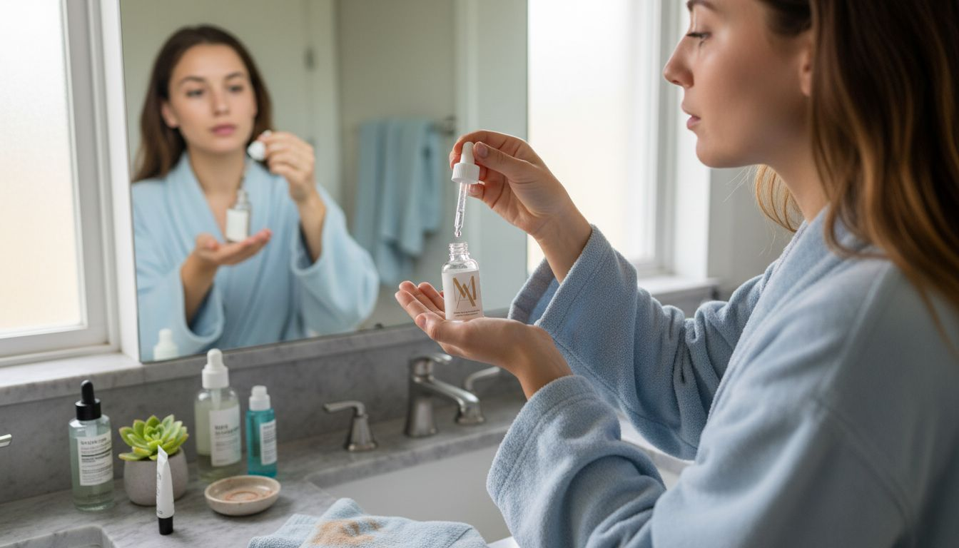 Woman applying serum in marble bathroom