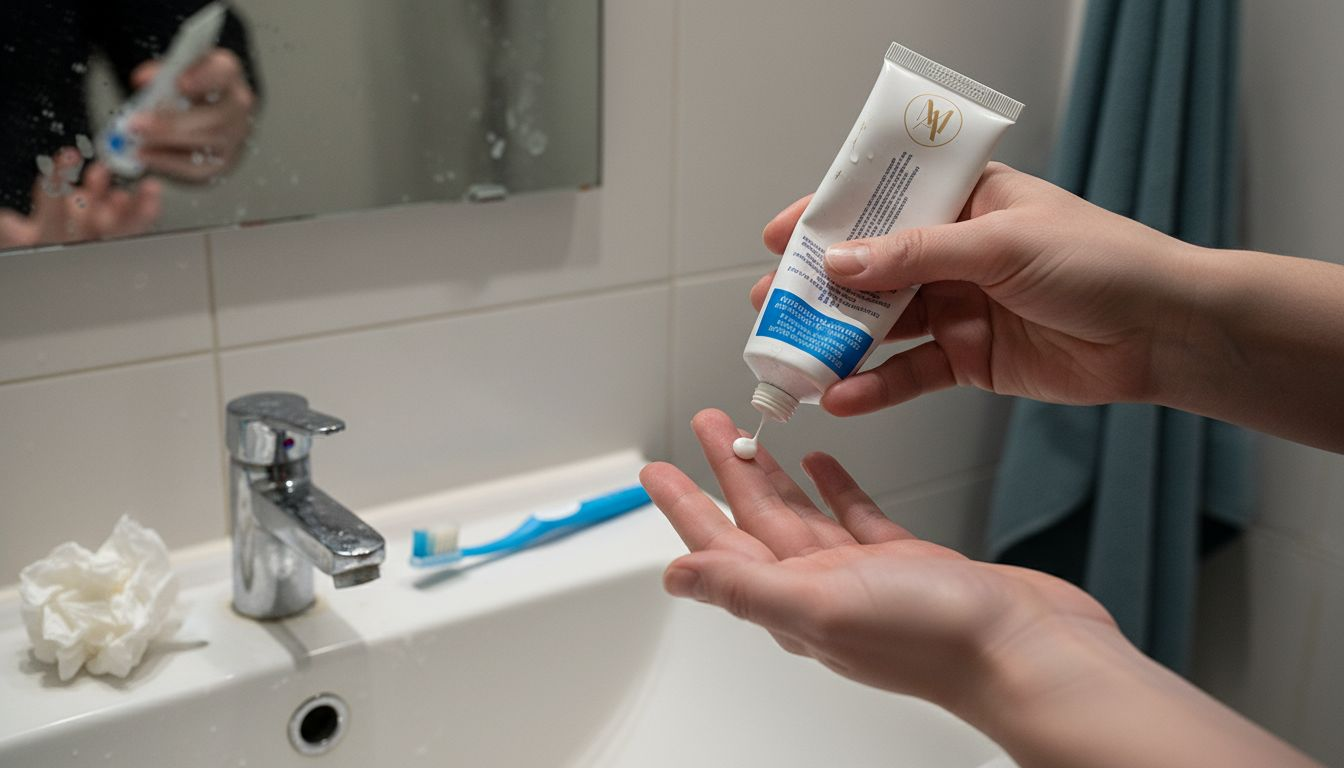Hand applying prescription cream at bathroom sink
