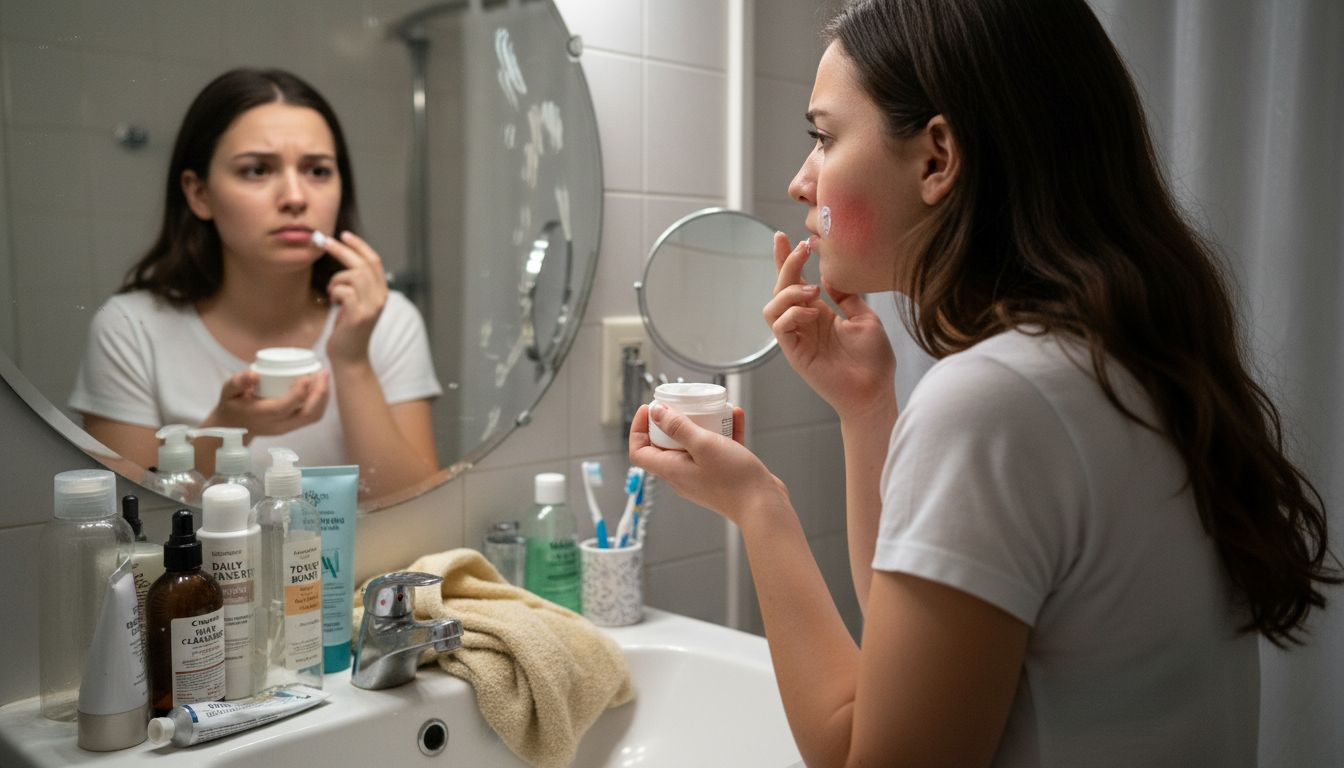 Woman reacting to wrong skincare at home