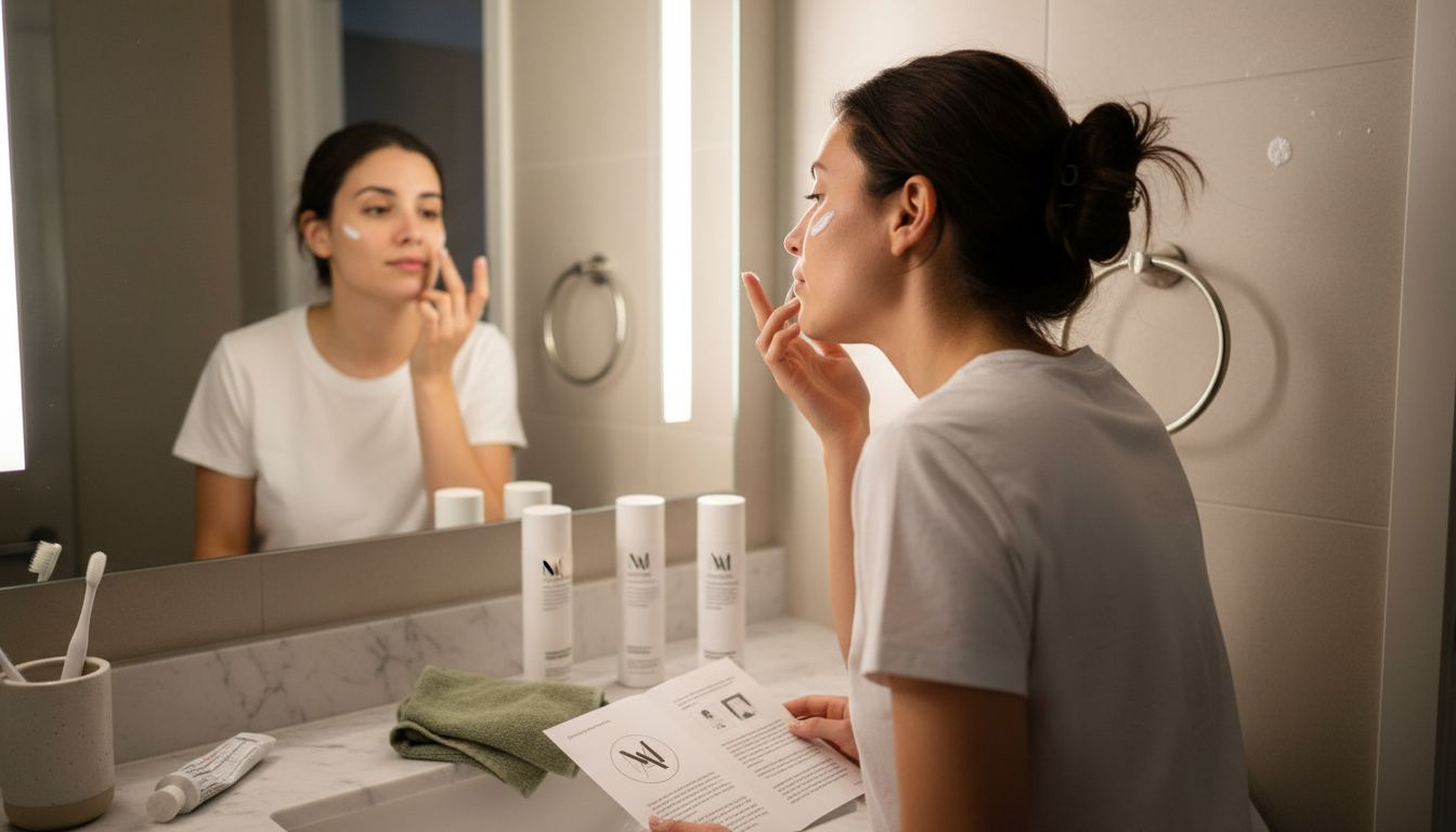 Woman applying prescription skincare at bathroom sink