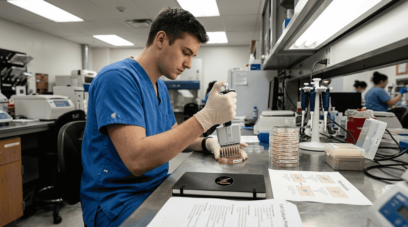 Lab technician prepares fibroblast cell cultures