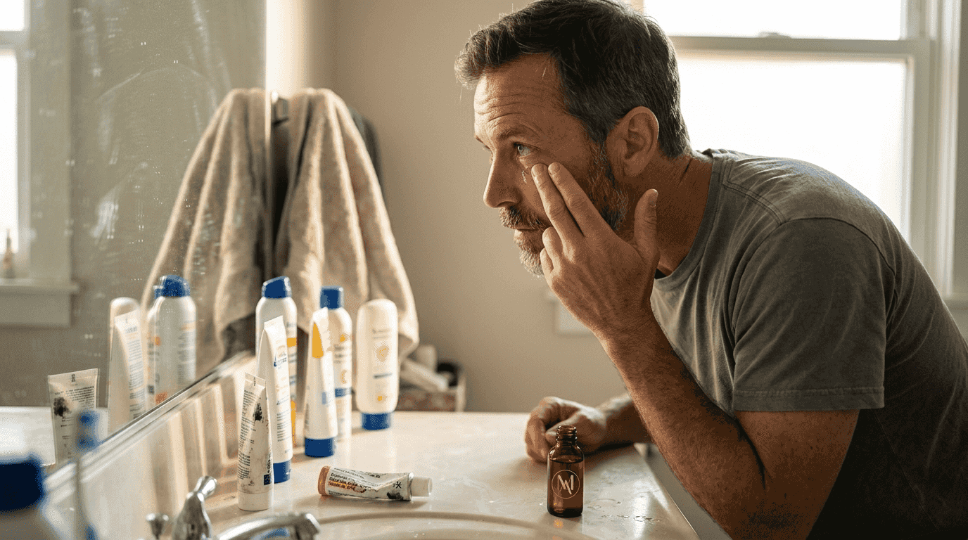 Middle-aged man applying serum at bathroom counter