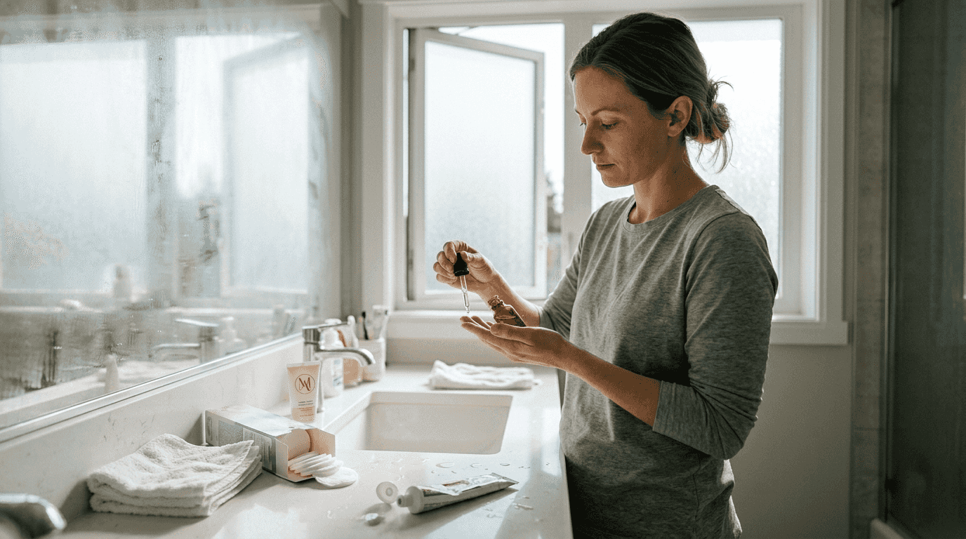 Woman applying serum at bathroom counter