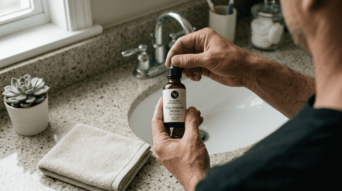 Hands opening niacinamide bottle by bathroom sink