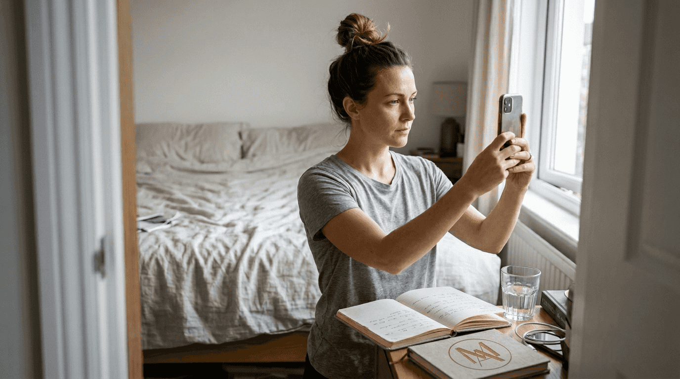 Woman preparing photos for skincare consult