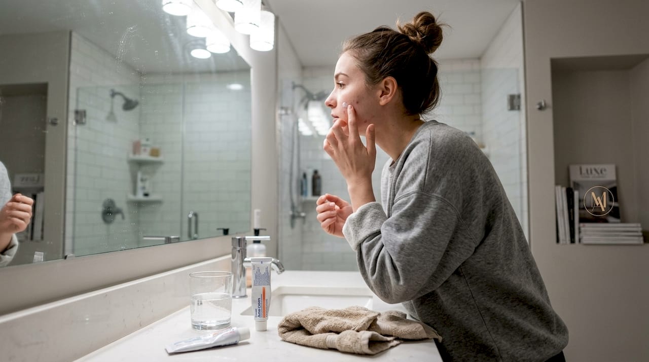 Woman applying medical acne treatment at home