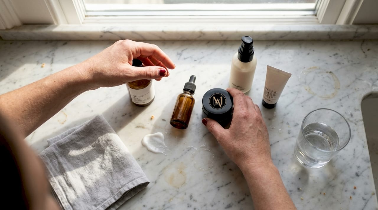 Hands arranging skincare layering products