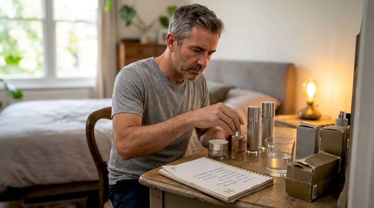 Man reviewing premium skincare regimen