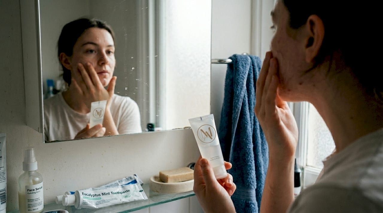 Person applies acne treatment in real bathroom