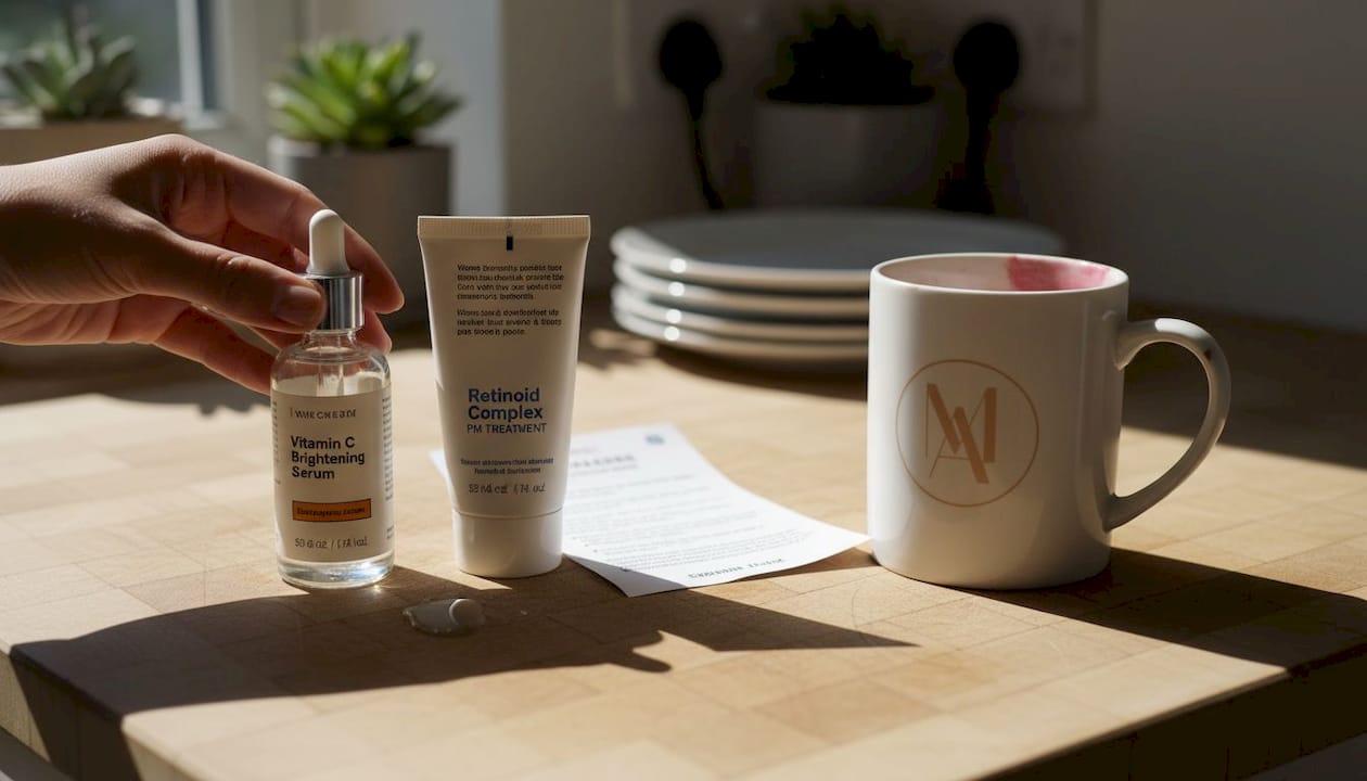 Clinical skincare bottles on kitchen counter