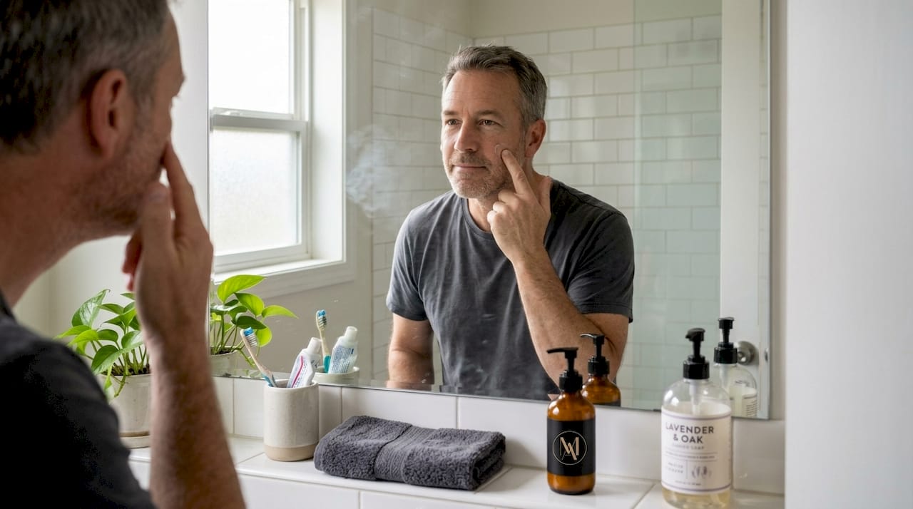 Man applies moisturizer during daily routine