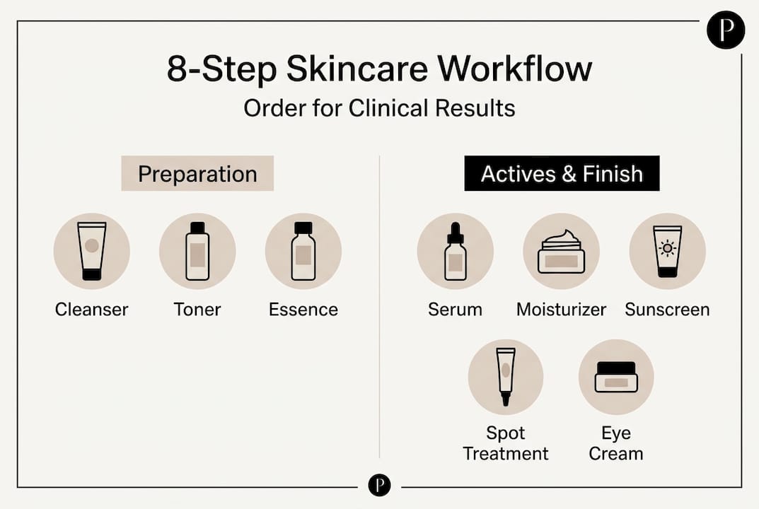 Infographic of 8-step skincare workflow sequence