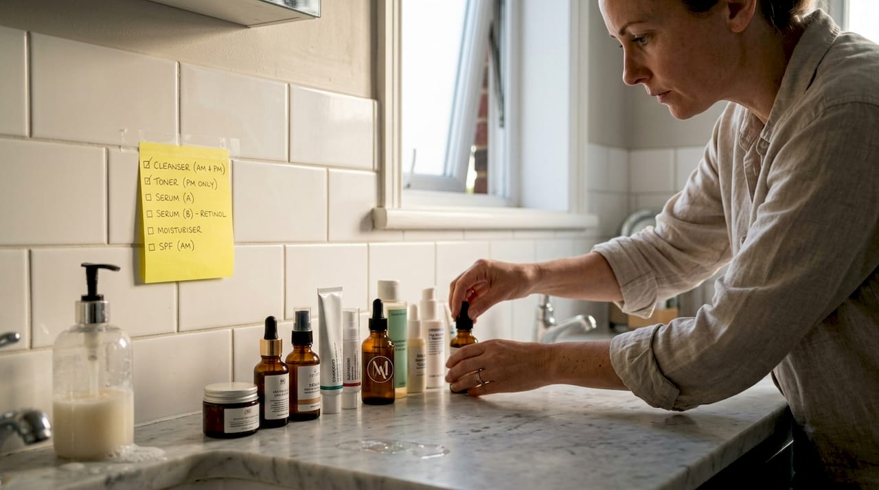 Woman organizing skincare products by order