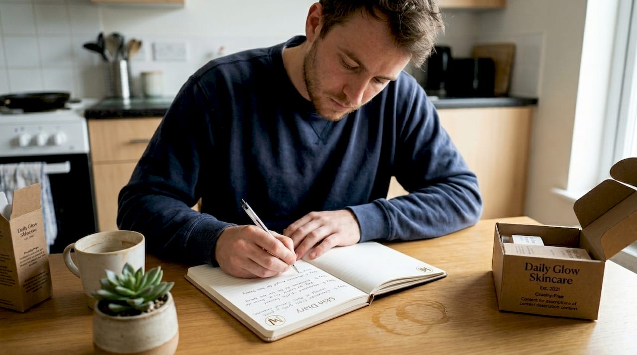 Man updates skin diary at kitchen table