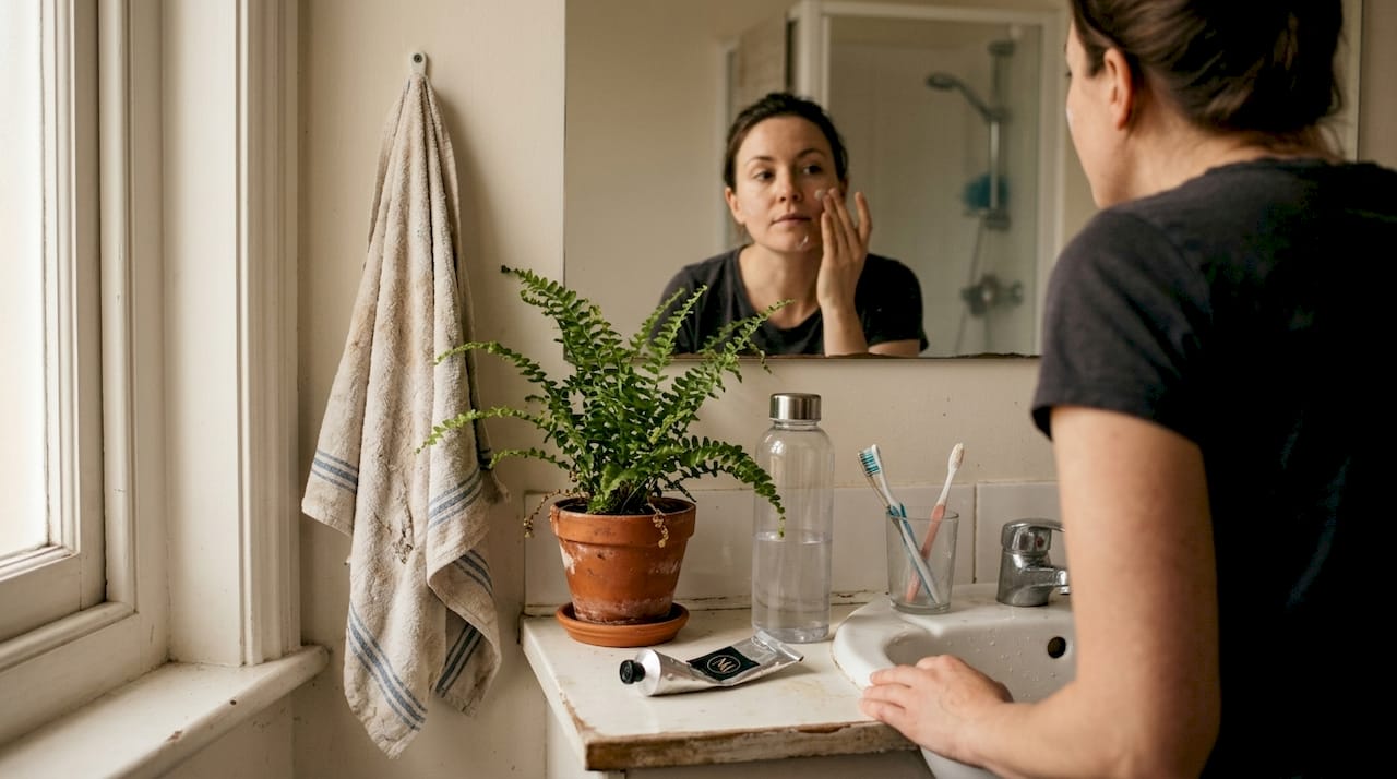 Woman applying moisturizer at sunlit bathroom sink