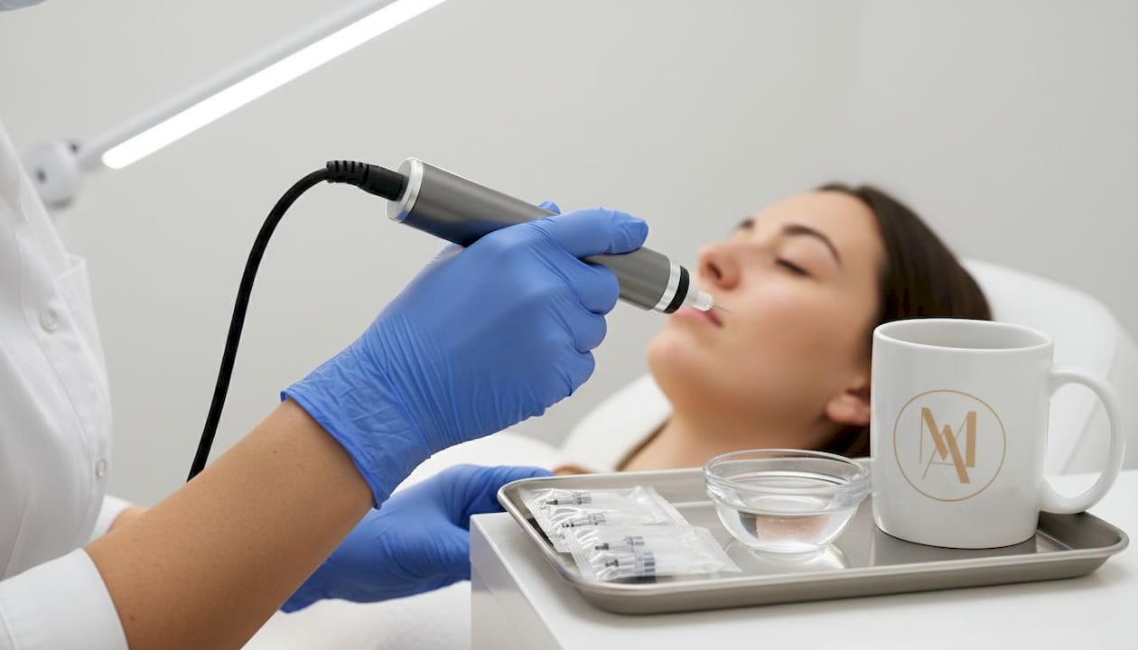 Clinician preparing RF microneedling device near cheek