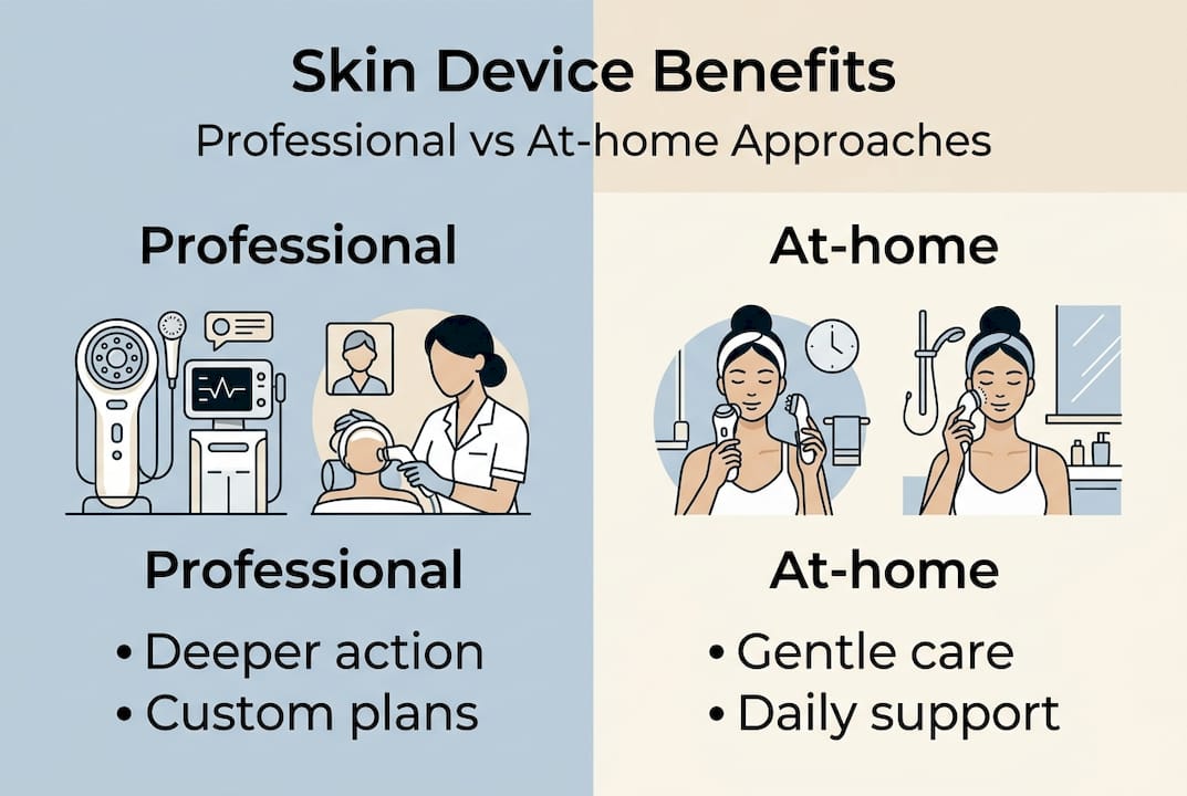 Infographic contrasting professional and at-home skin device results
