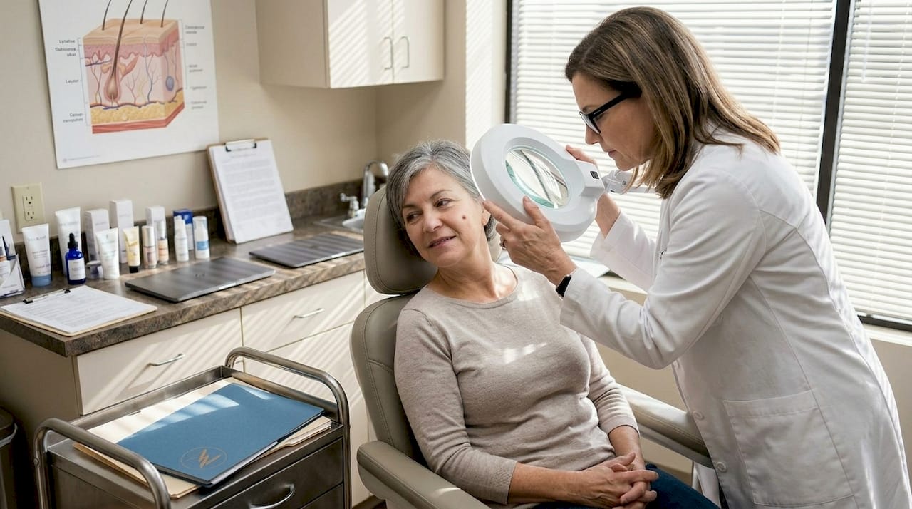 Clinician examines middle-aged woman's skin health