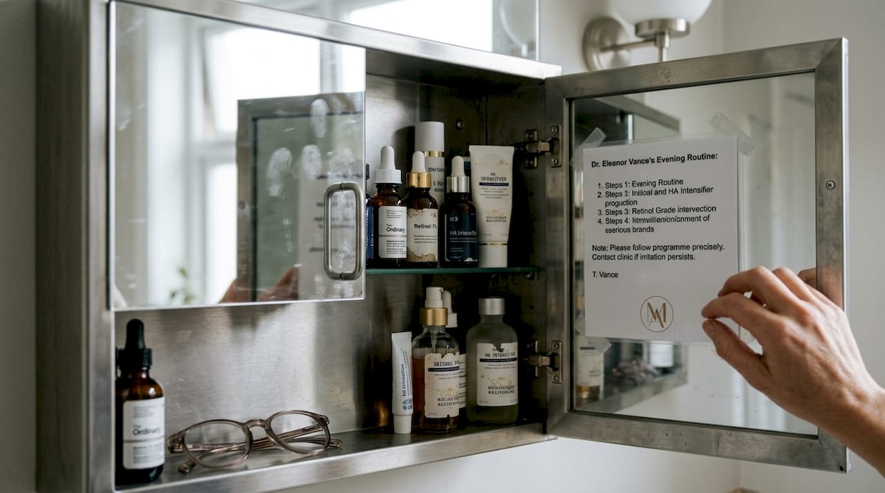Opened cabinet with medical skincare products