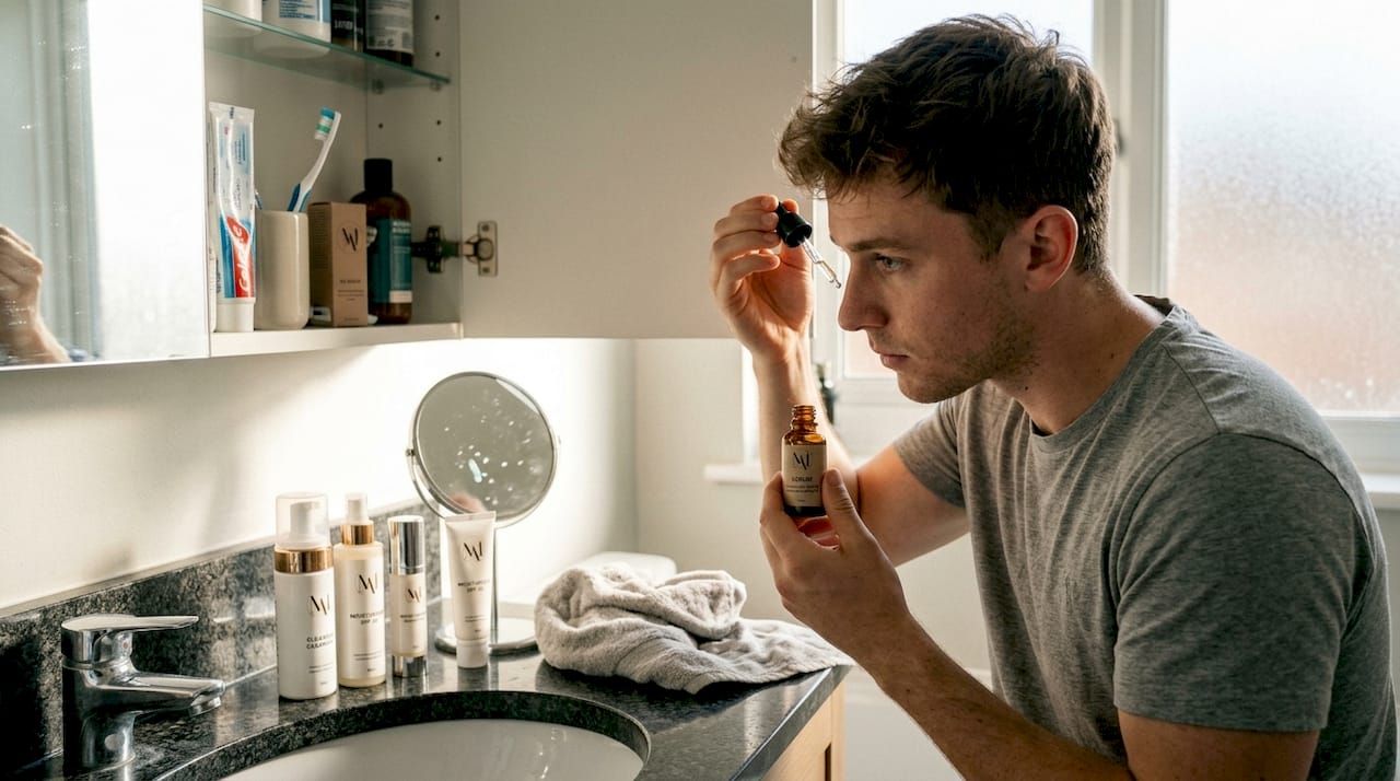 Man applying medical skincare at bathroom counter