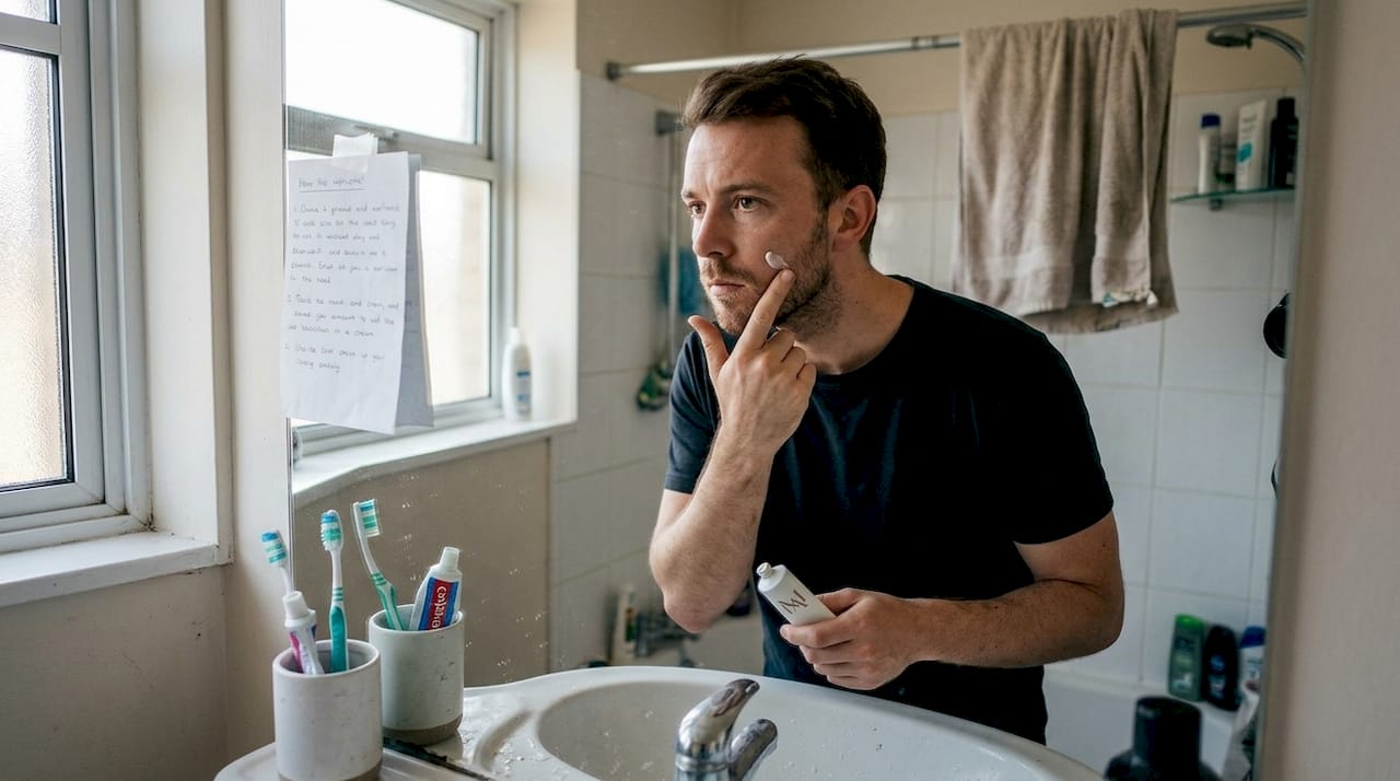 Man applying skincare in everyday bathroom setting