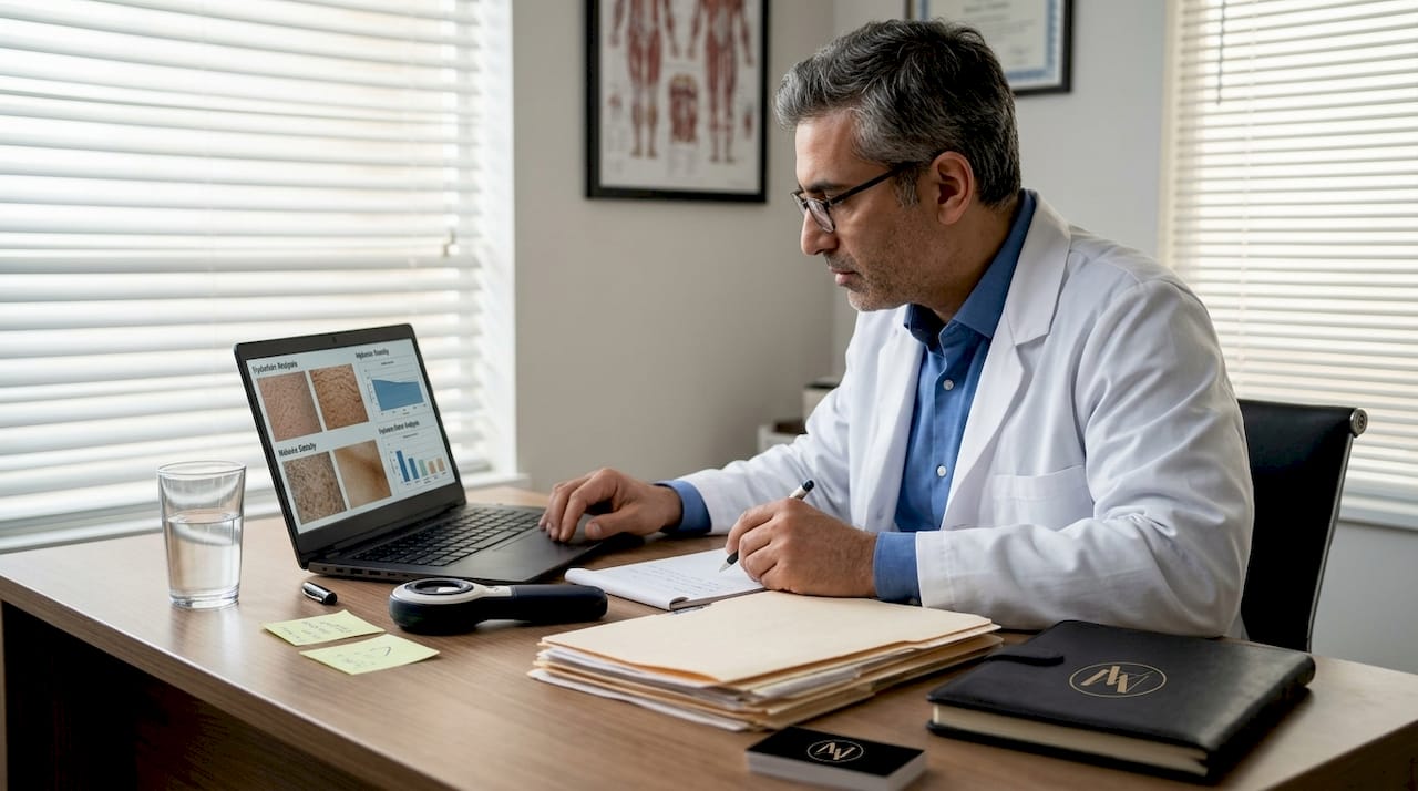 Dermatologist reviewing patient’s skincare data on laptop