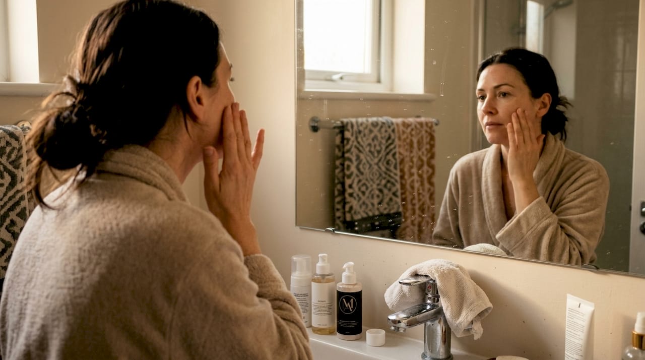 Woman inspecting skin in home bathroom mirror