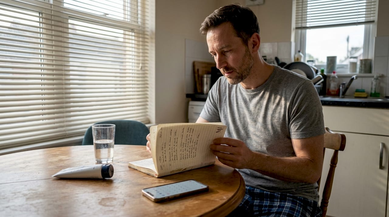 Man reviewing skincare diary at kitchen table