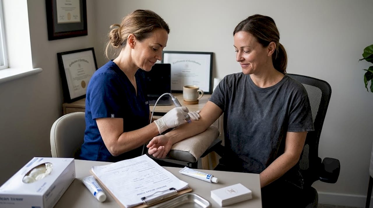 Aesthetician using RF microneedling device