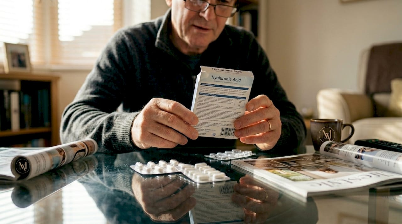 Closeup hands with hyaluronic acid packaging