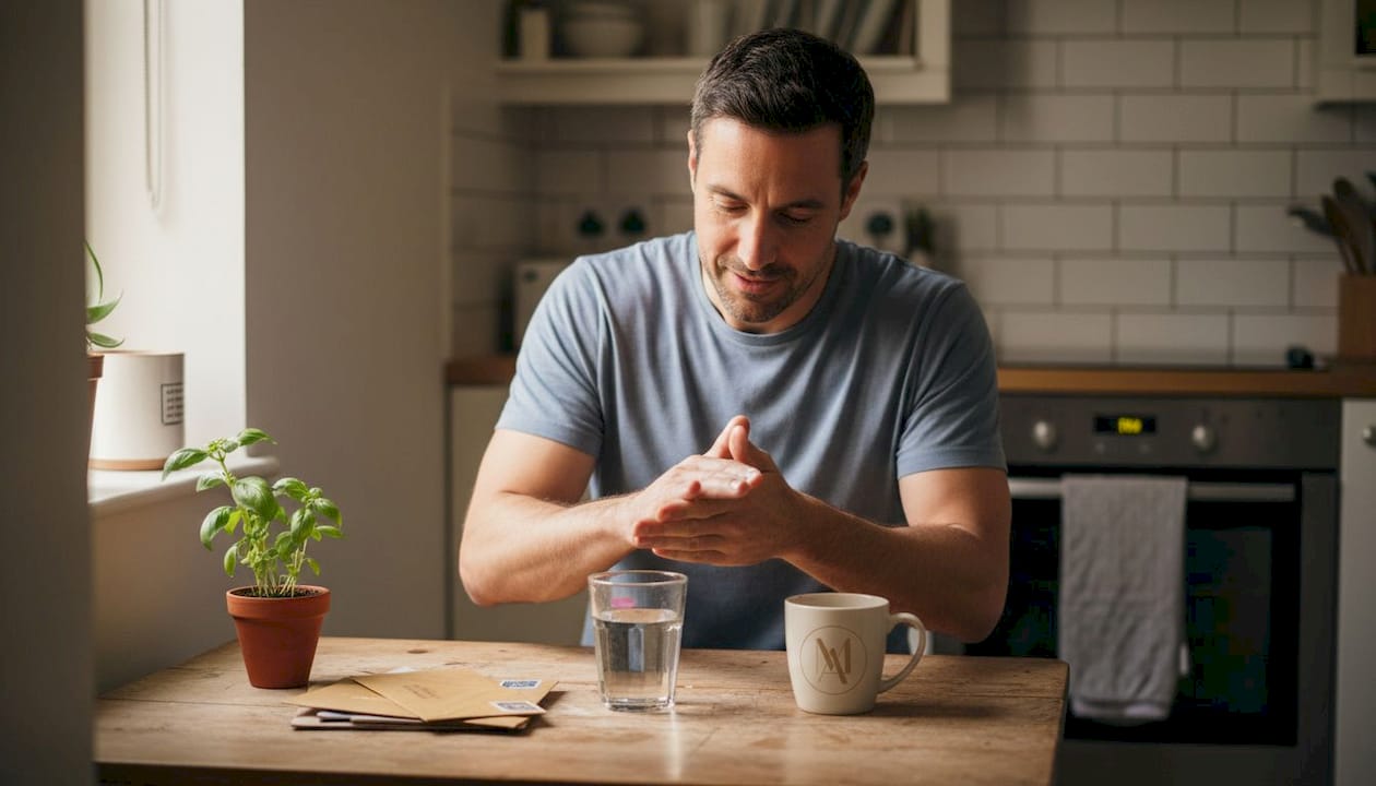 Man preparing vitamin C SPF at kitchen table